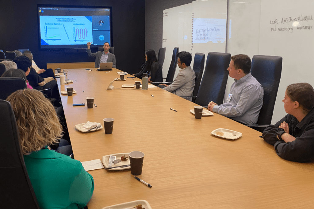 Jewish leaders across various Boston workplaces gathering to learn best practices on Jewish Employee Resource Groups (ERGs) from Oren Jacobson, Executive Director at Project Shema, May 2024